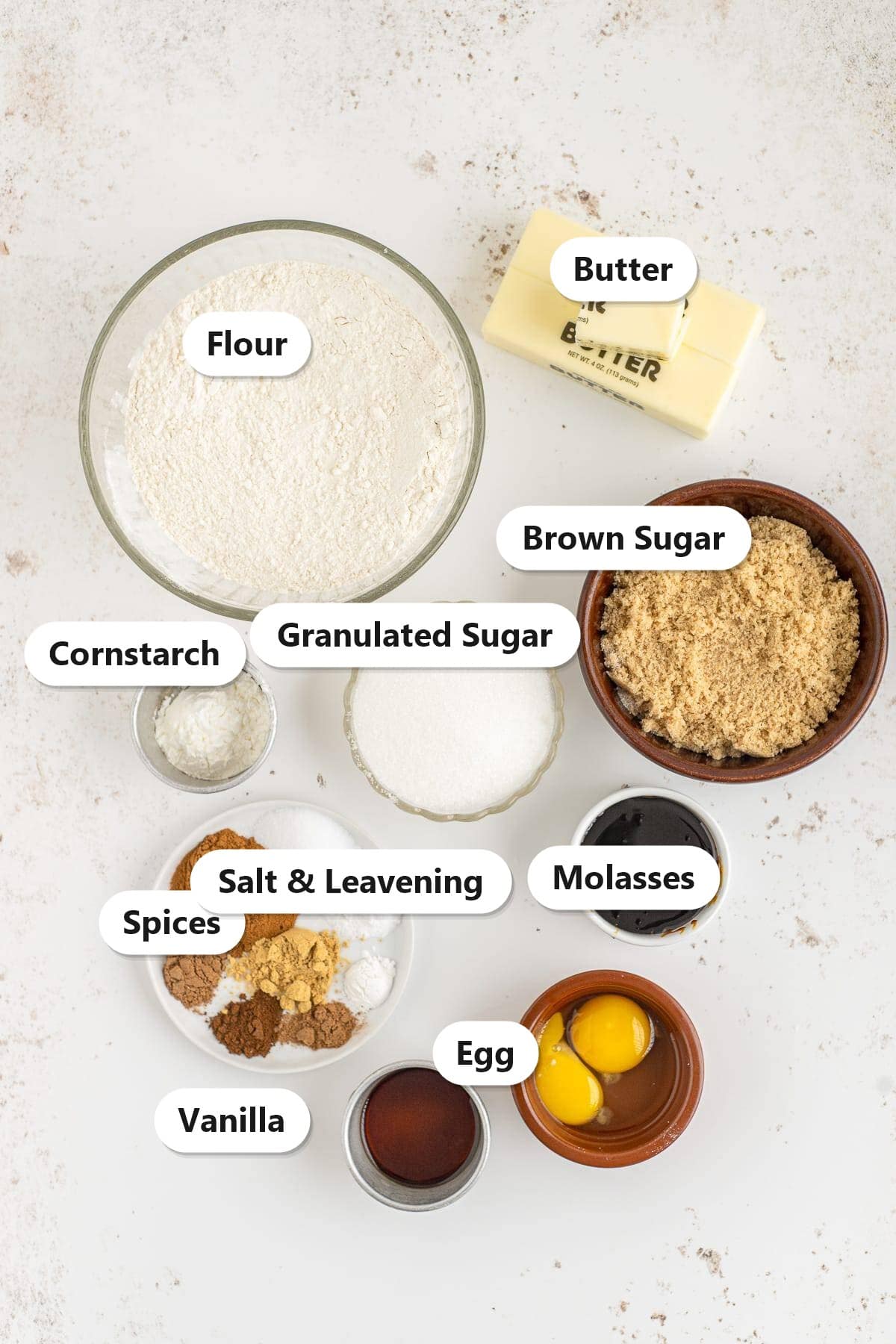 Labeled ingredients for spice cookies: flour, butter, brown sugar, granulated sugar, cornstarch, spices, salt and leavening, molasses, egg, and vanilla.