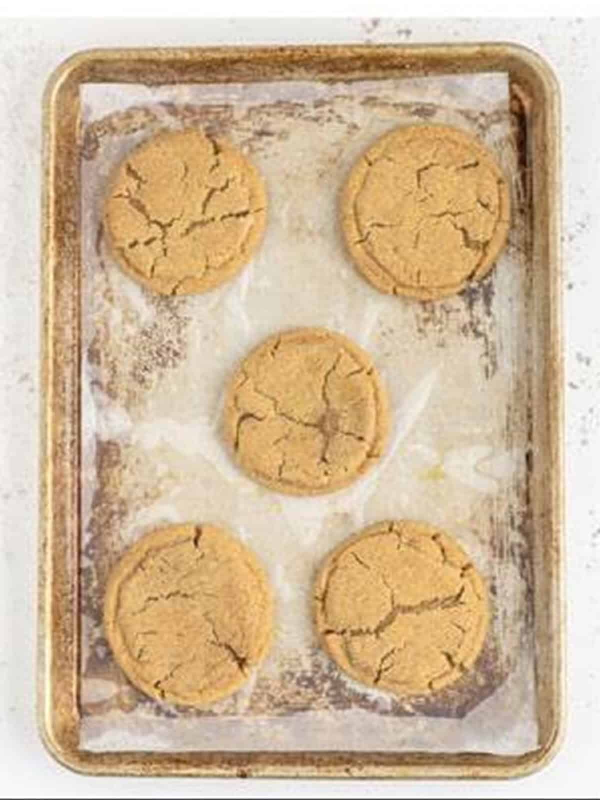 Baked soft and chewy spice cookies on a baking sheet.
