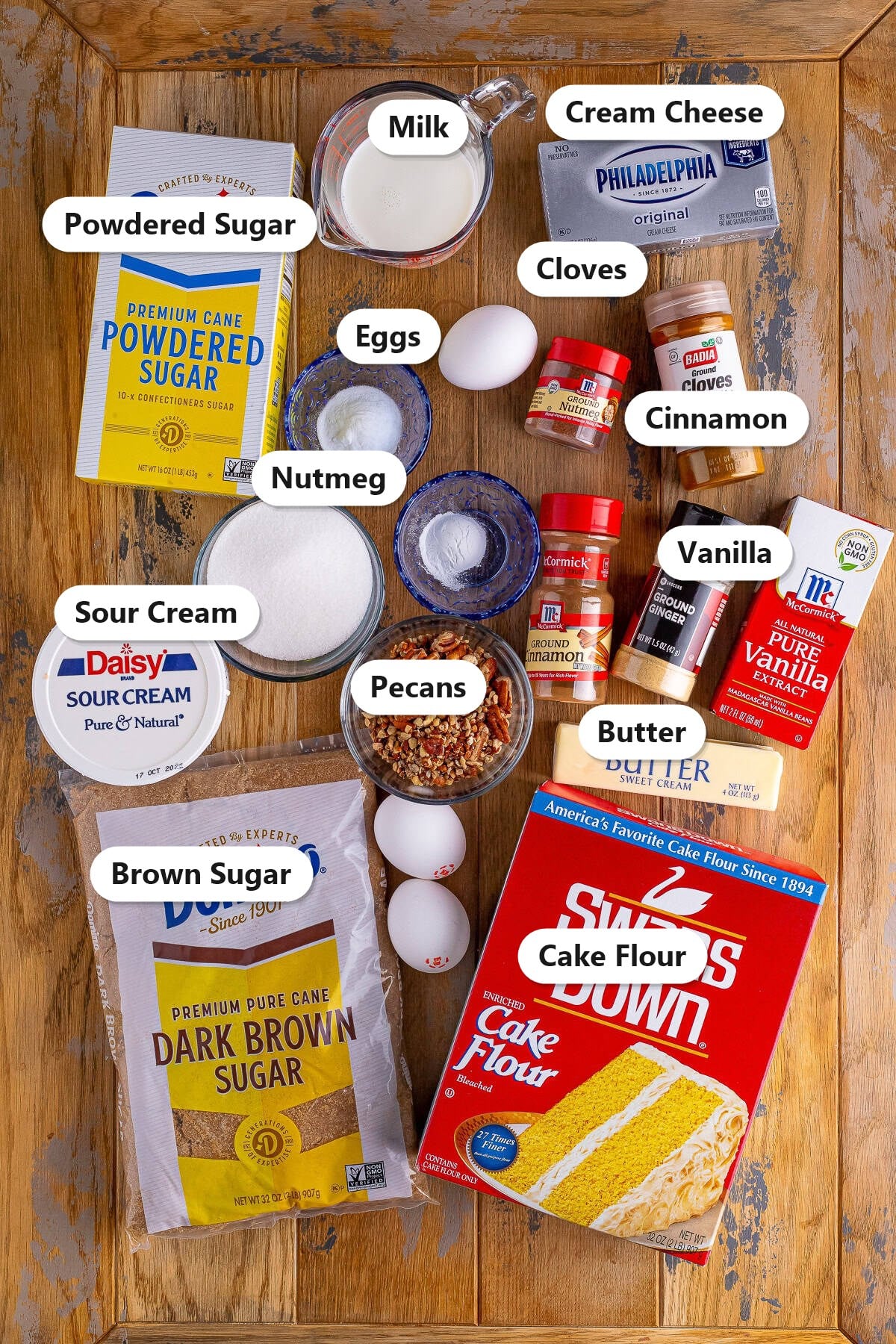 Labeled ingredients for spice cupcakes including cake flour, brown sugar, powdered sugar, cream cheese, butter, eggs, sour cream, milk, pecans, and warm spices.