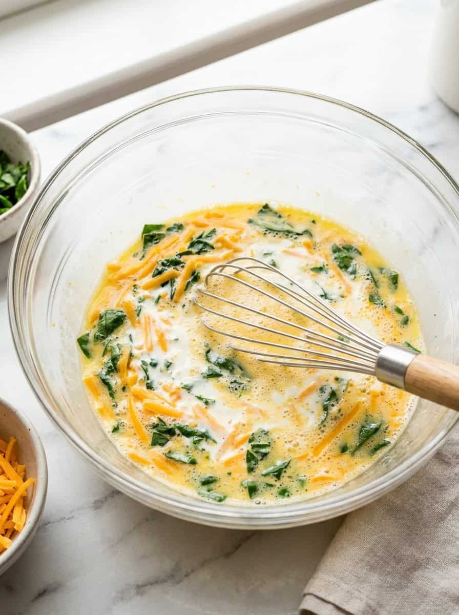 Quiche filling of beaten eggs, cream, cheddar, and chopped spinach whisked together in a glass bowl.