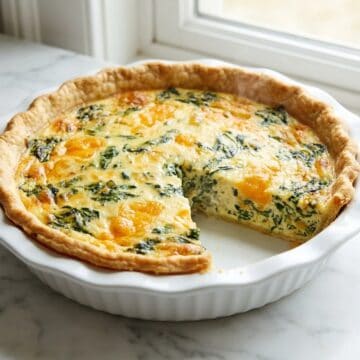 A whole baked spinach and cheddar quiche in a fluted dish with a slice removed showing the creamy filling.