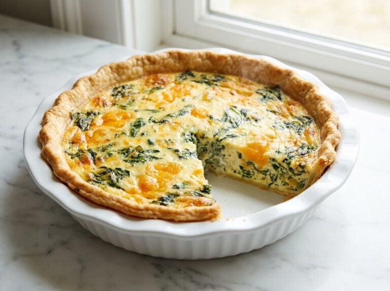 A whole baked spinach and cheddar quiche in a fluted dish with a slice removed showing the creamy filling.
