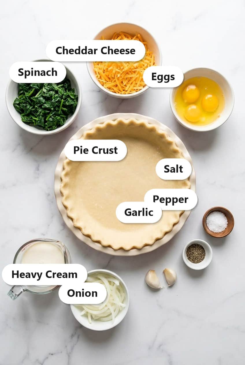 Labeled ingredients to make spinach quiche including pie crust, spinach, cheddar cheese, eggs, heavy cream, onion, and garlic.
