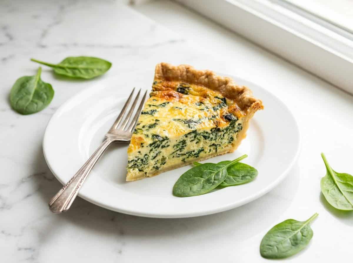 A slice of spinach cheddar quiche on a white plate with a fork and fresh spinach.