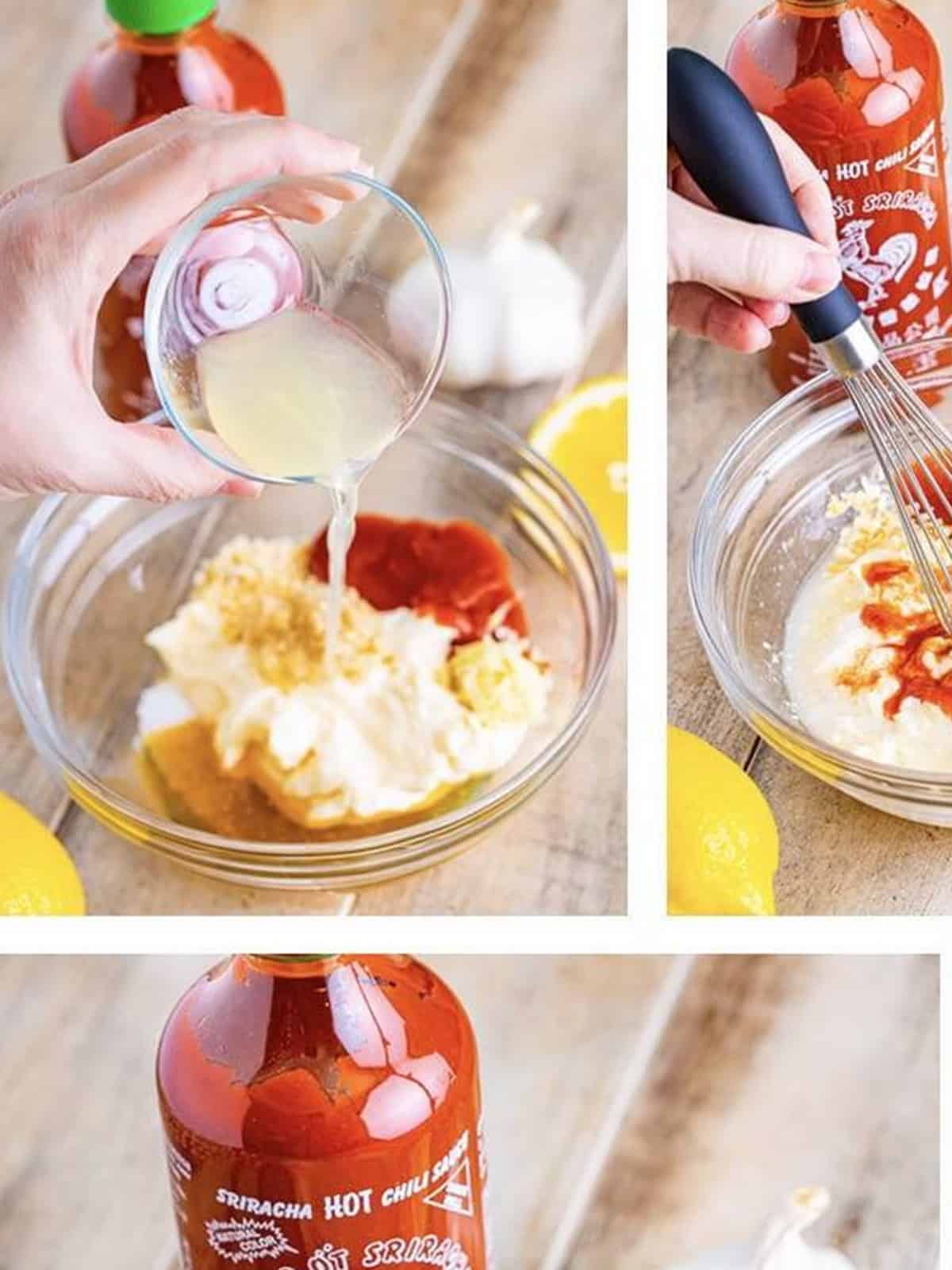 Mayonnaise, garlic, dried onion, and lemon juice combined in a glass bowl for sriracha mayo.