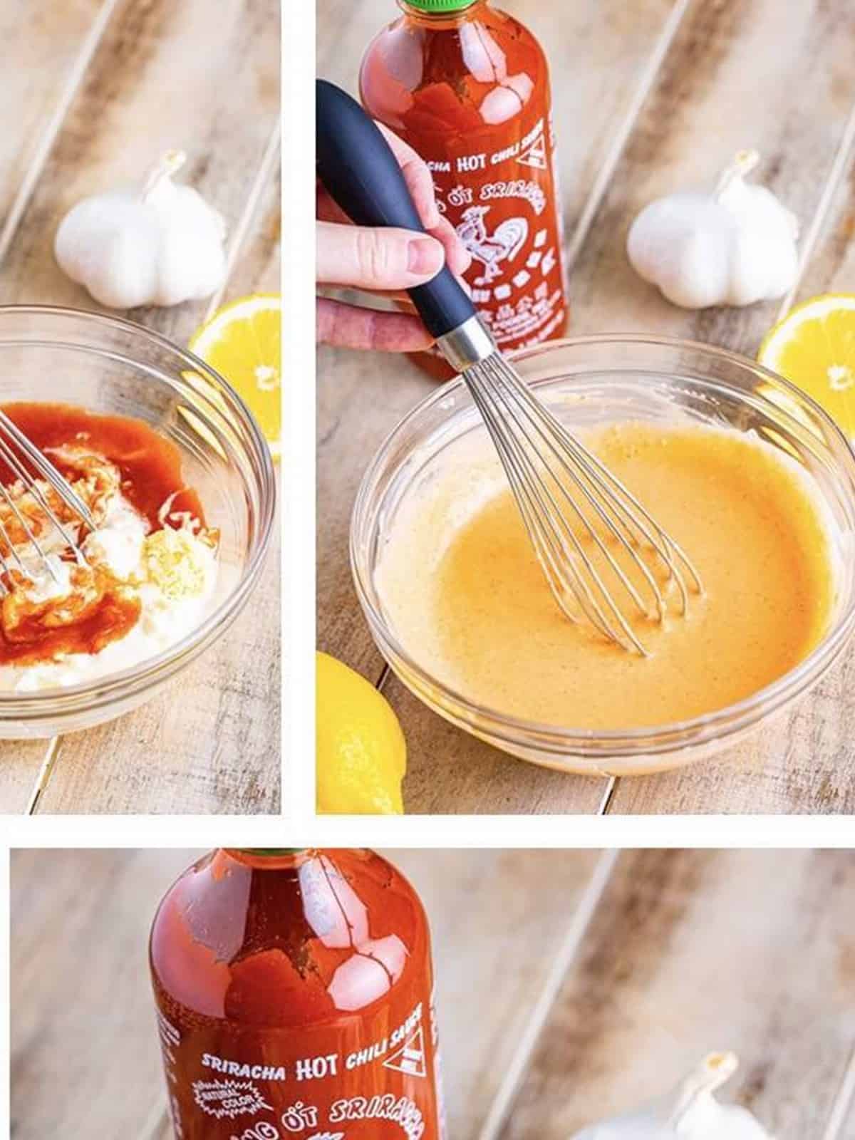 Sriracha added to the mayonnaise mixture and whisked together.