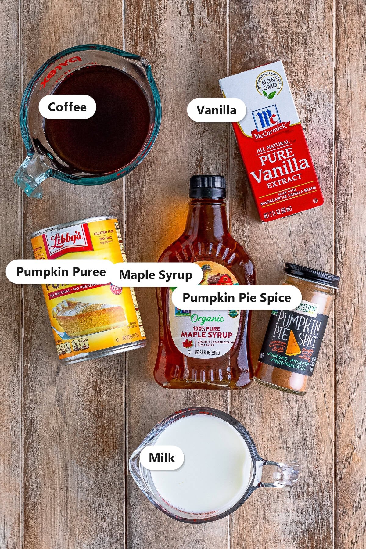 Copycat Starbucks pumpkin spice latte ingredients including coffee, milk, pumpkin puree, maple syrup, vanilla, and pumpkin pie spice labeled on a wood surface.