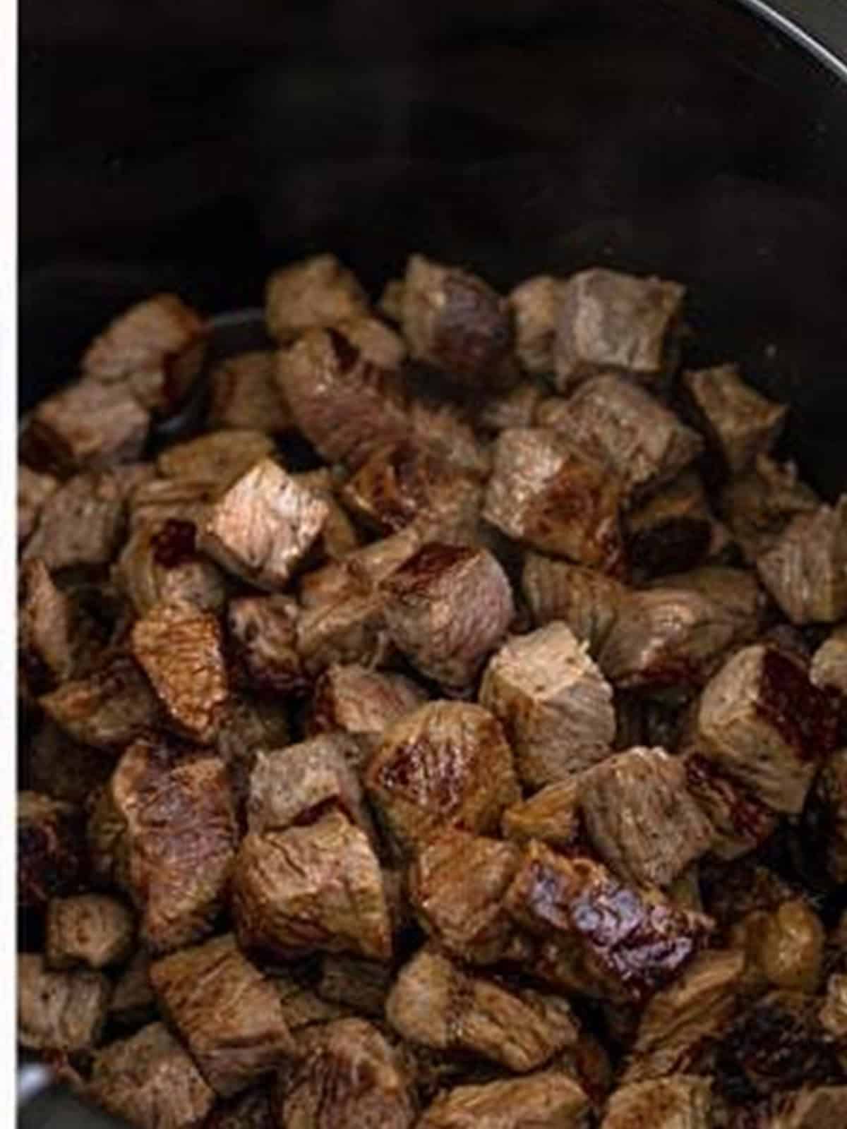 Seared steak bites in the slow cooker.
