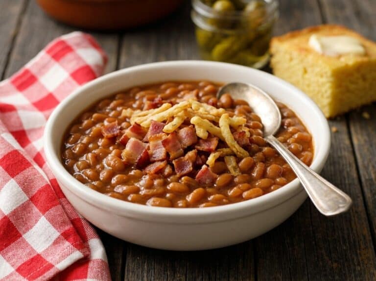 A white bowl of homemade stove top baked beans topped with crispy bacon and golden french fried onions on a rustic table.