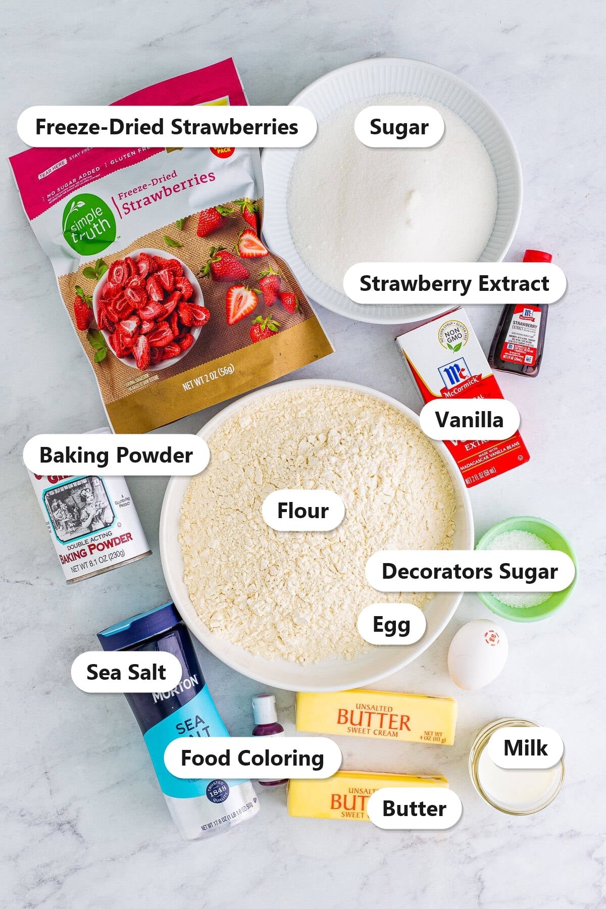 Labeled ingredients needed to make Strawberry Cookies.