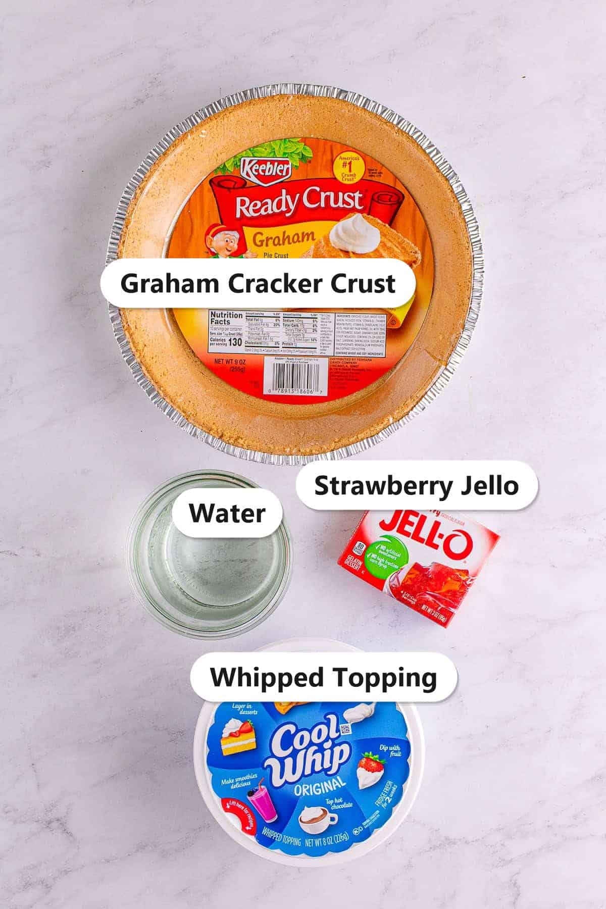 Labeled ingredients for strawberry jello pie including a graham cracker crust, strawberry jello, water, and whipped topping.