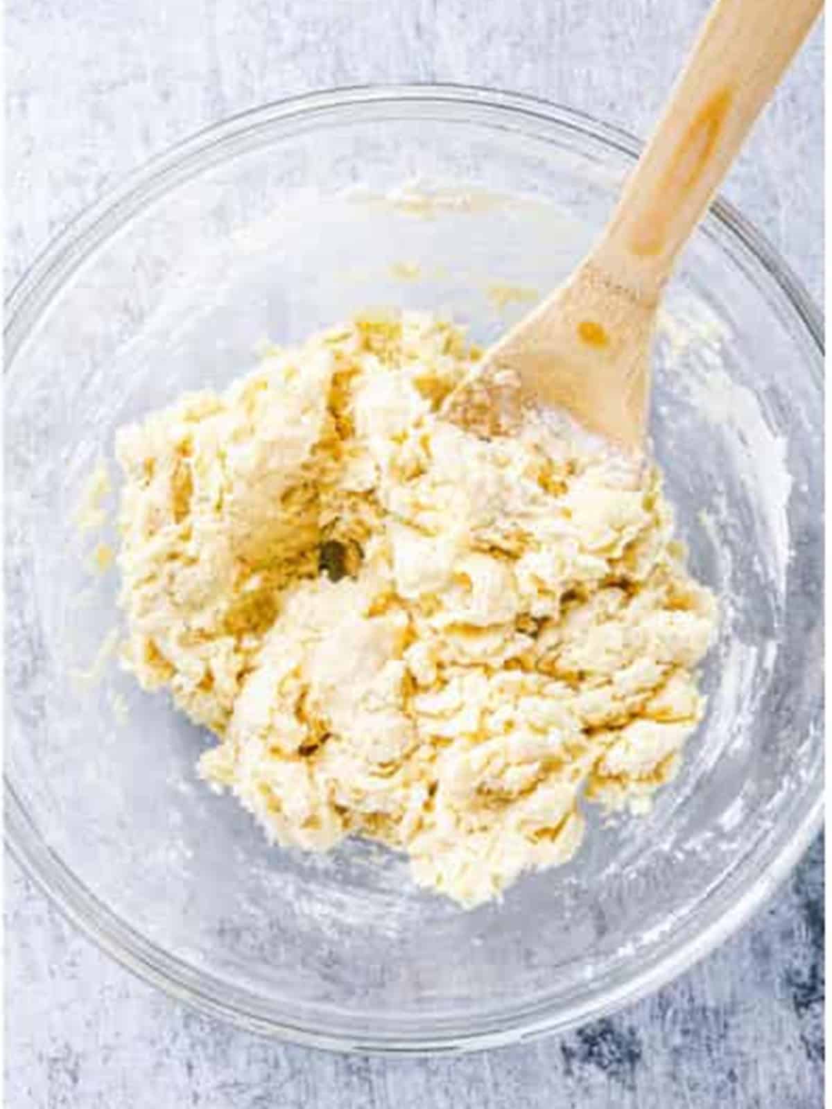 Heavy cream and vanilla stirred into the dry ingredients to form a shaggy biscuit dough.