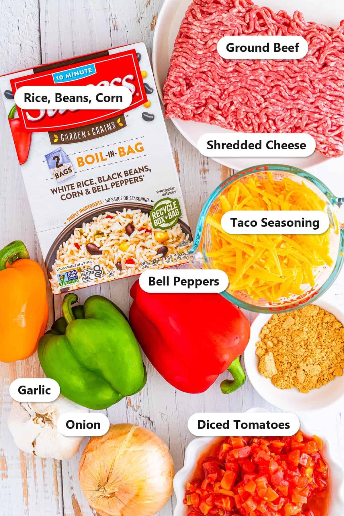 Labeled ingredients for stuffed peppers including ground beef, bell peppers, rice and beans, shredded cheese, taco seasoning, onion, garlic, and diced tomatoes.