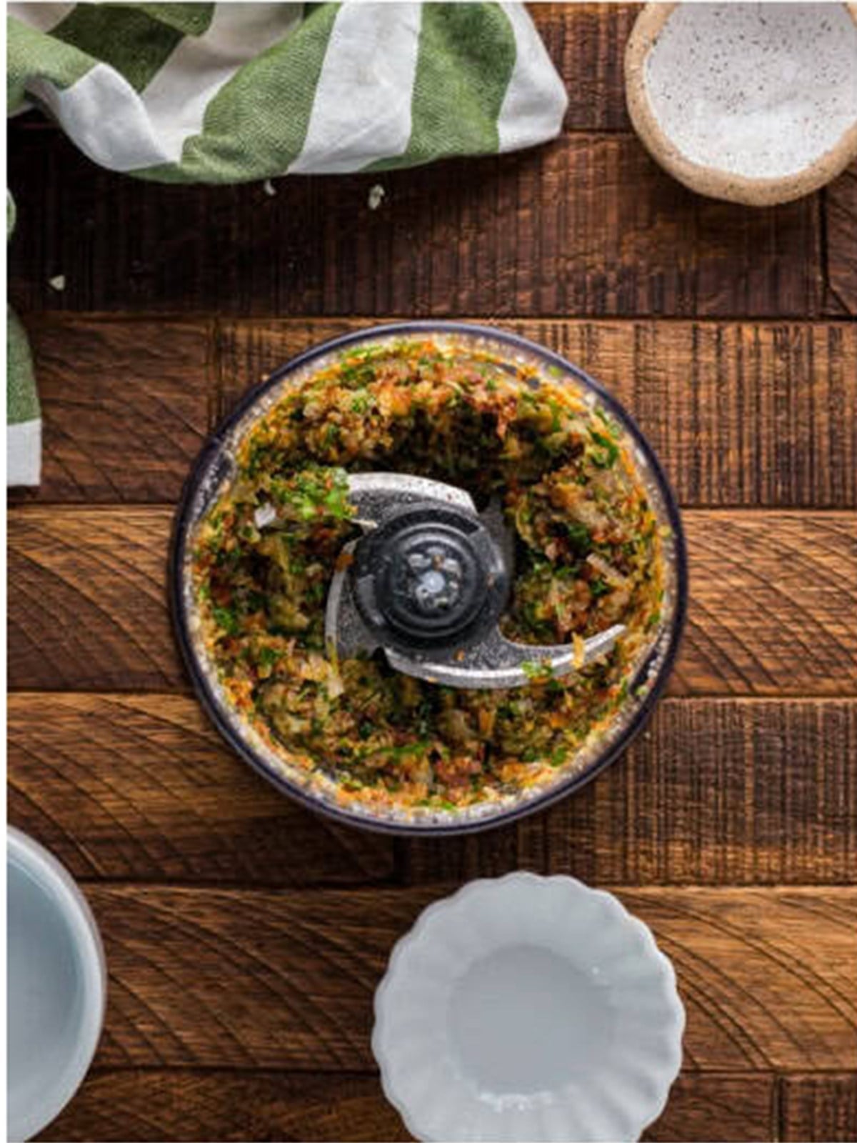 Bacon, herbs, and parmesan filling made in a food processor.