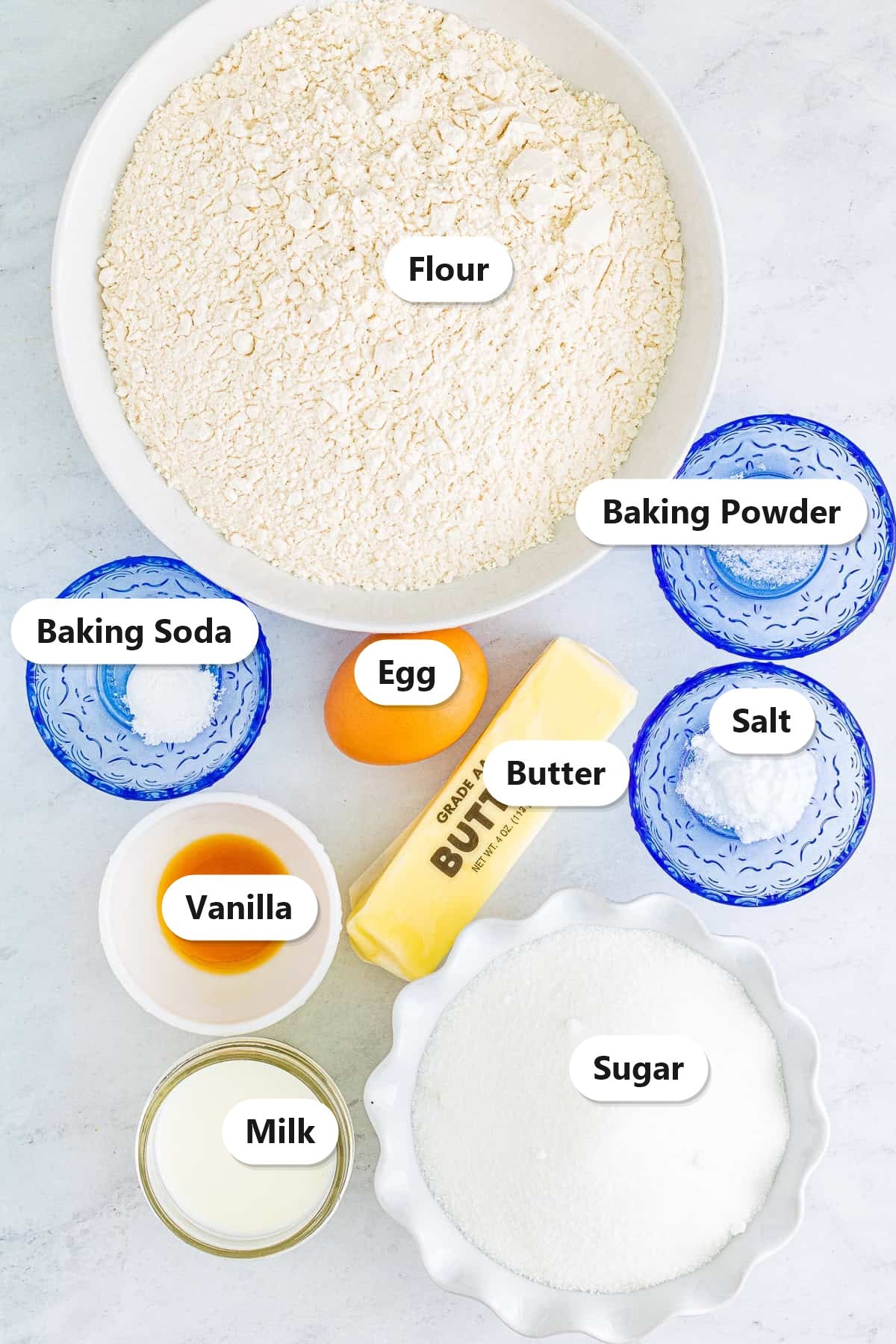 Labeled sugar cookie ingredients including flour, butter, sugar, egg, milk, and vanilla