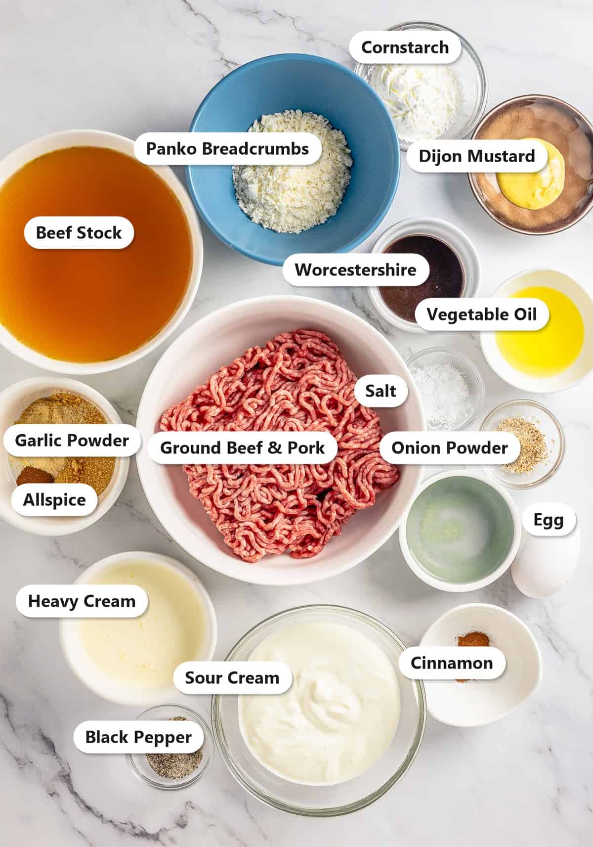 Labeled Swedish meatballs ingredients including ground beef and pork, beef stock, panko breadcrumbs, sour cream, and spices.