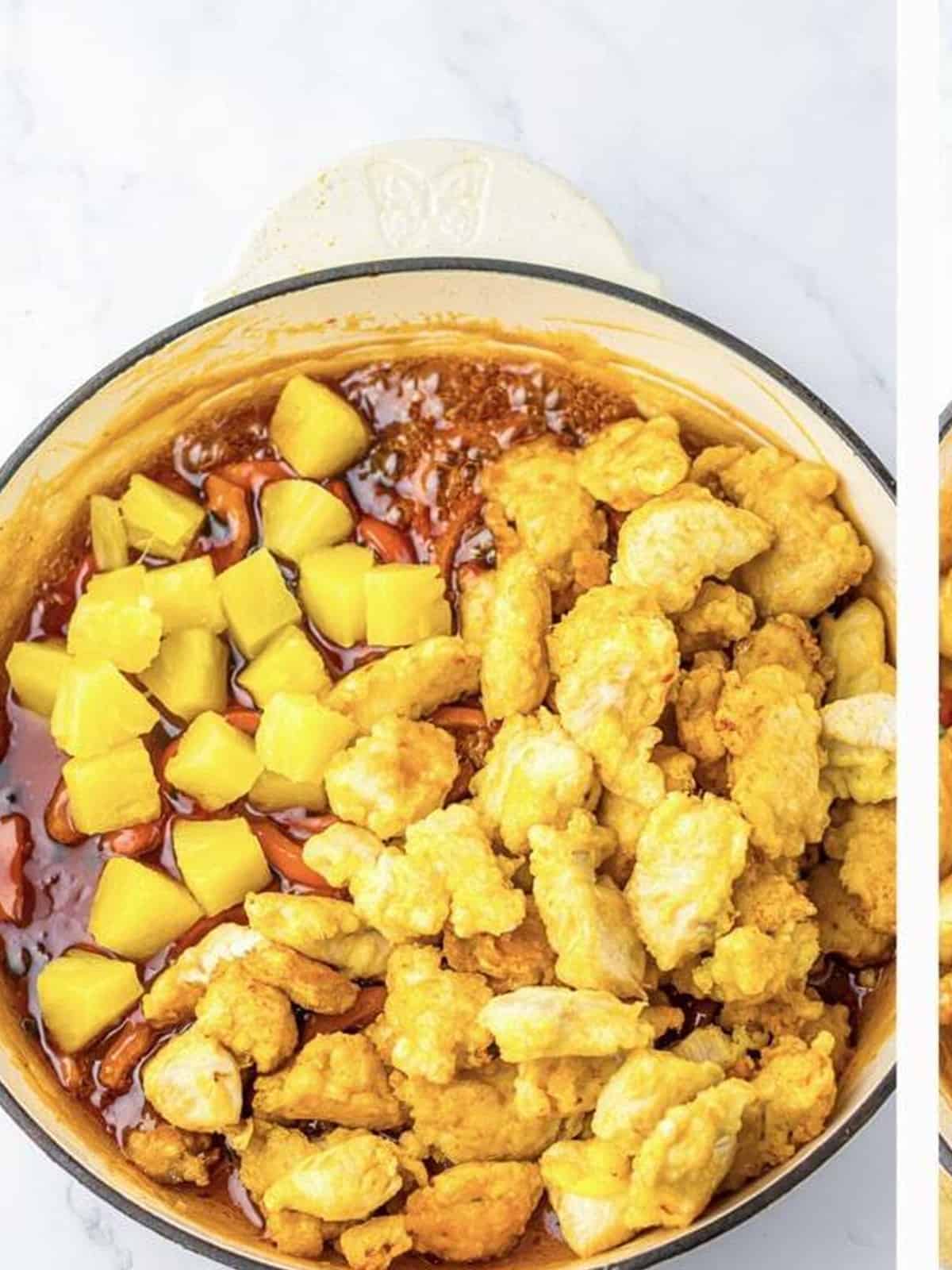 Fried chicken and pineapple chunks added to the sweet chili sauce in a skillet.