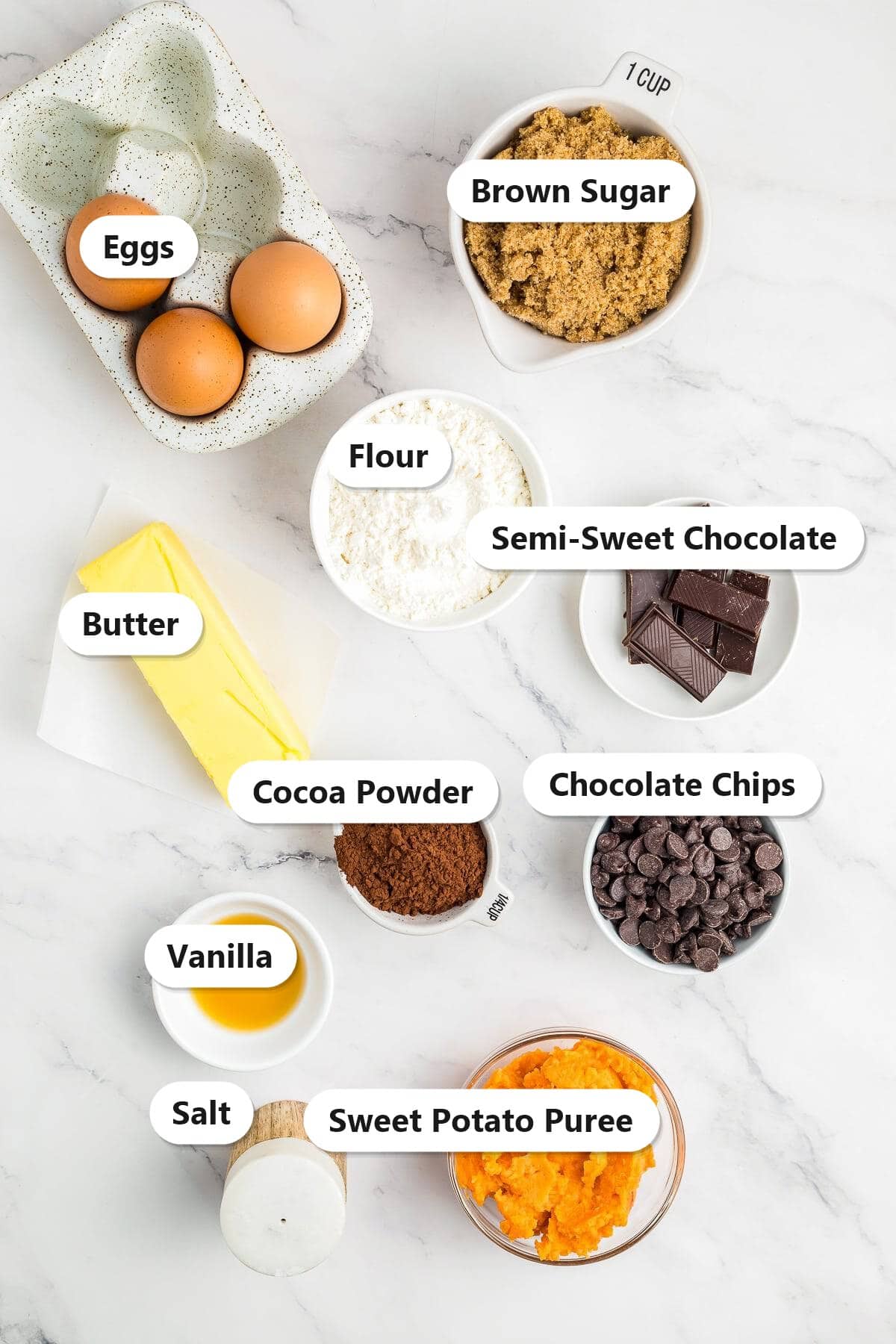 Labeled ingredients for fudgy sweet potato brownies including eggs, brown sugar, flour, semi-sweet chocolate, butter, cocoa powder, chocolate chips, vanilla, salt, and sweet potato puree.