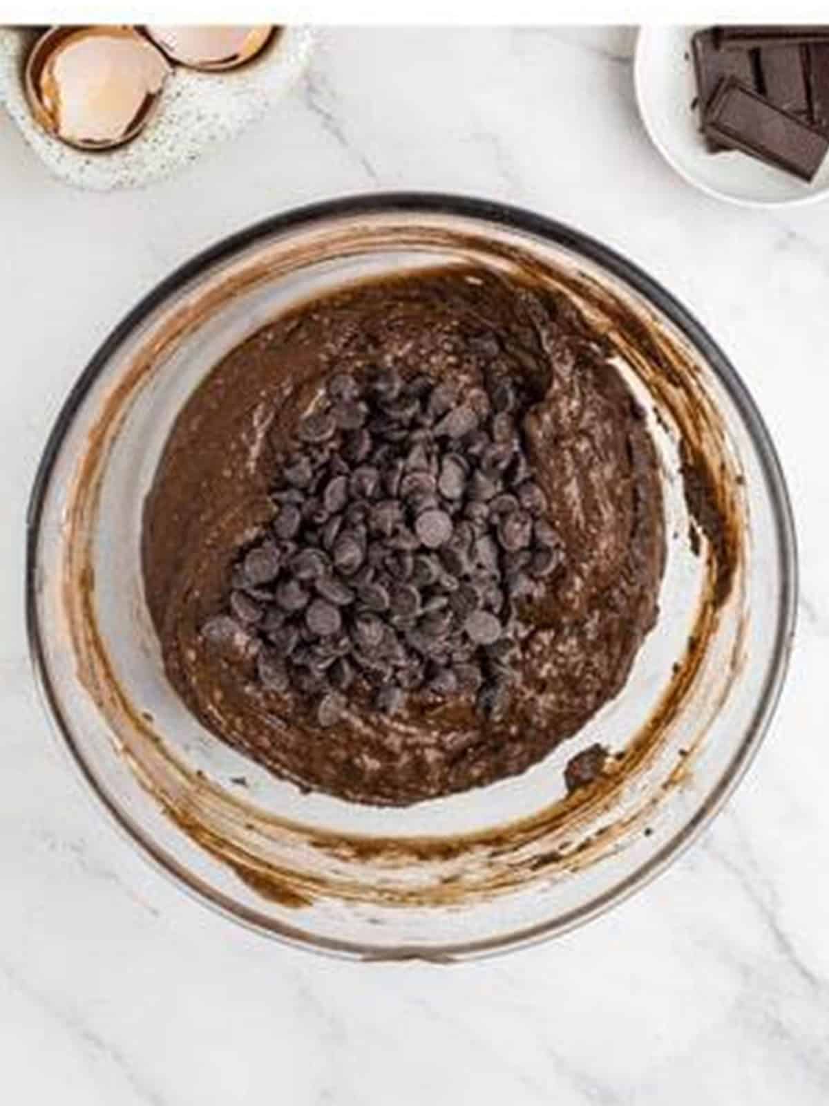 Chocolate chips stirred into the fudgy sweet potato brownie batter.