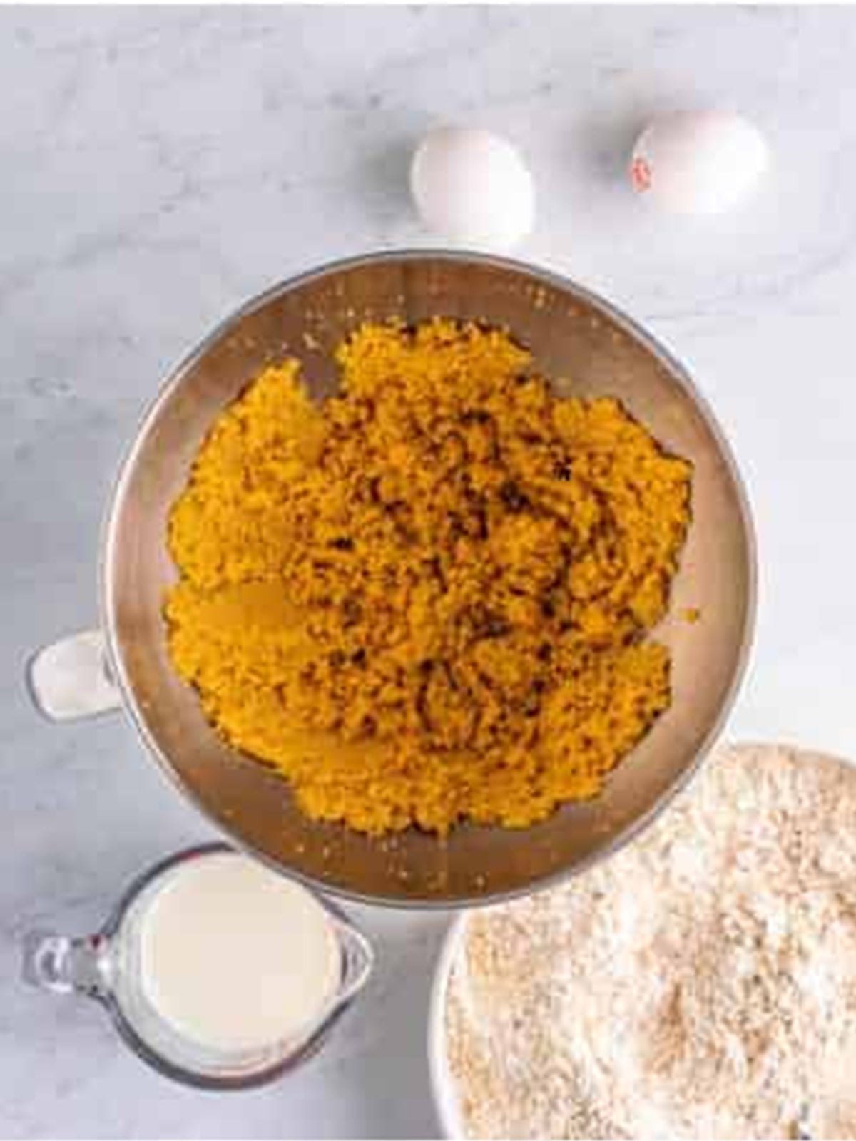 Brown sugar and butter creamed together with eggs in a stand mixer.