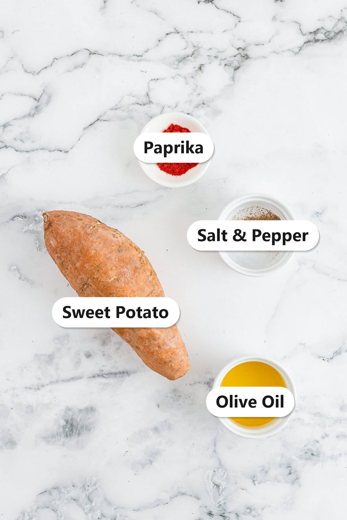 Sweet potato fries ingredients labeled on a marble counter
