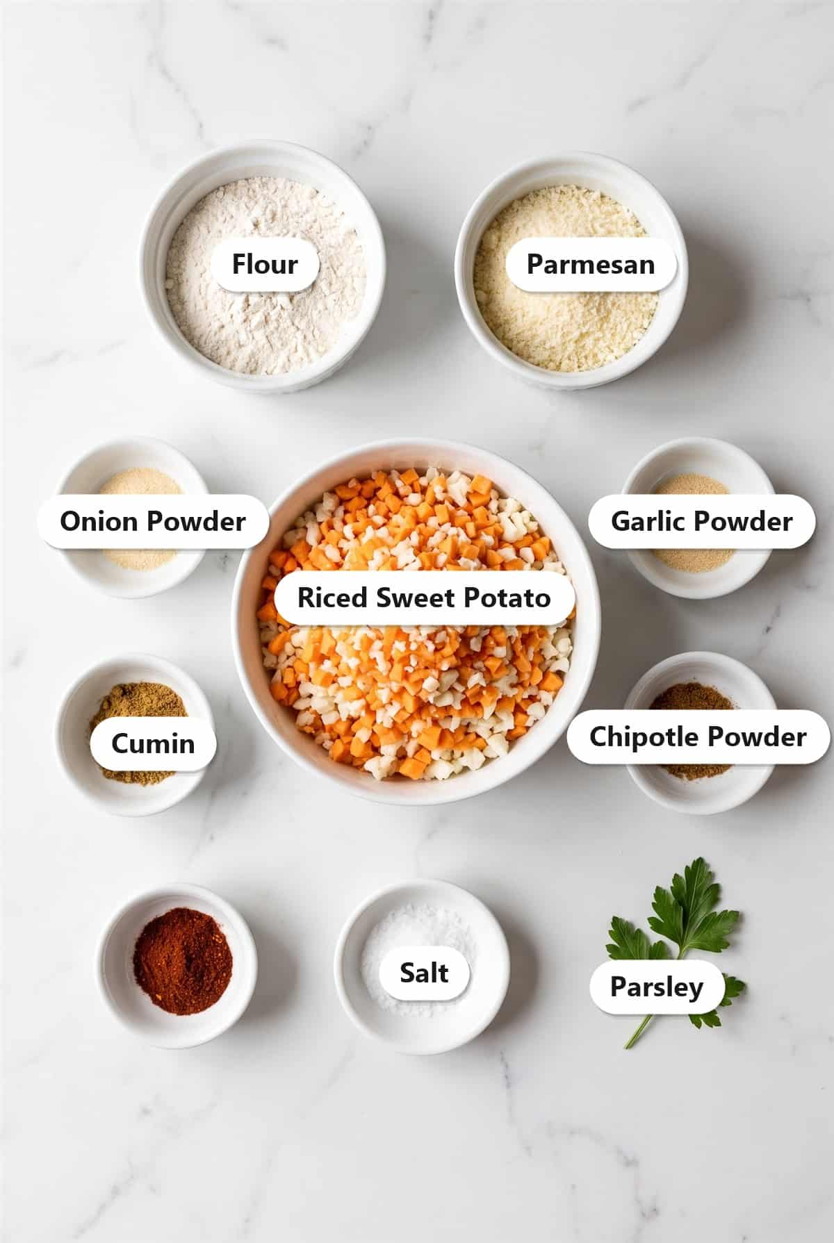 Labeled ingredients for sweet potato tots including riced sweet potato and cauliflower, flour, parmesan, and seasonings.