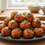 A plate of golden baked sweet potato tots sprinkled with parmesan and parsley.