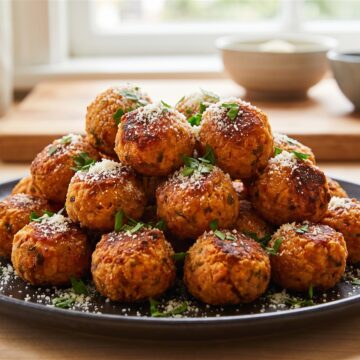 A plate of golden baked sweet potato tots sprinkled with parmesan and parsley.