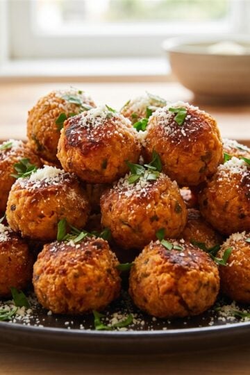 A plate of golden baked sweet potato tots sprinkled with parmesan and parsley.