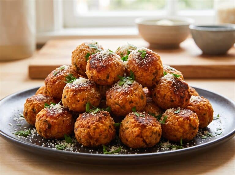 A plate of golden baked sweet potato tots sprinkled with parmesan and parsley.