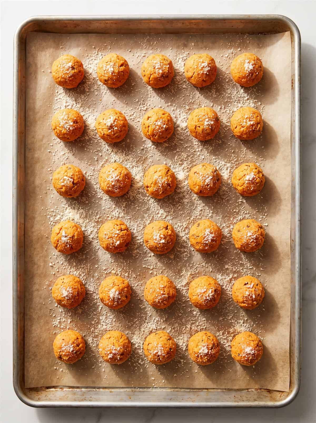 Uncooked sweet potato tots formed into balls on a parchment-lined baking sheet.