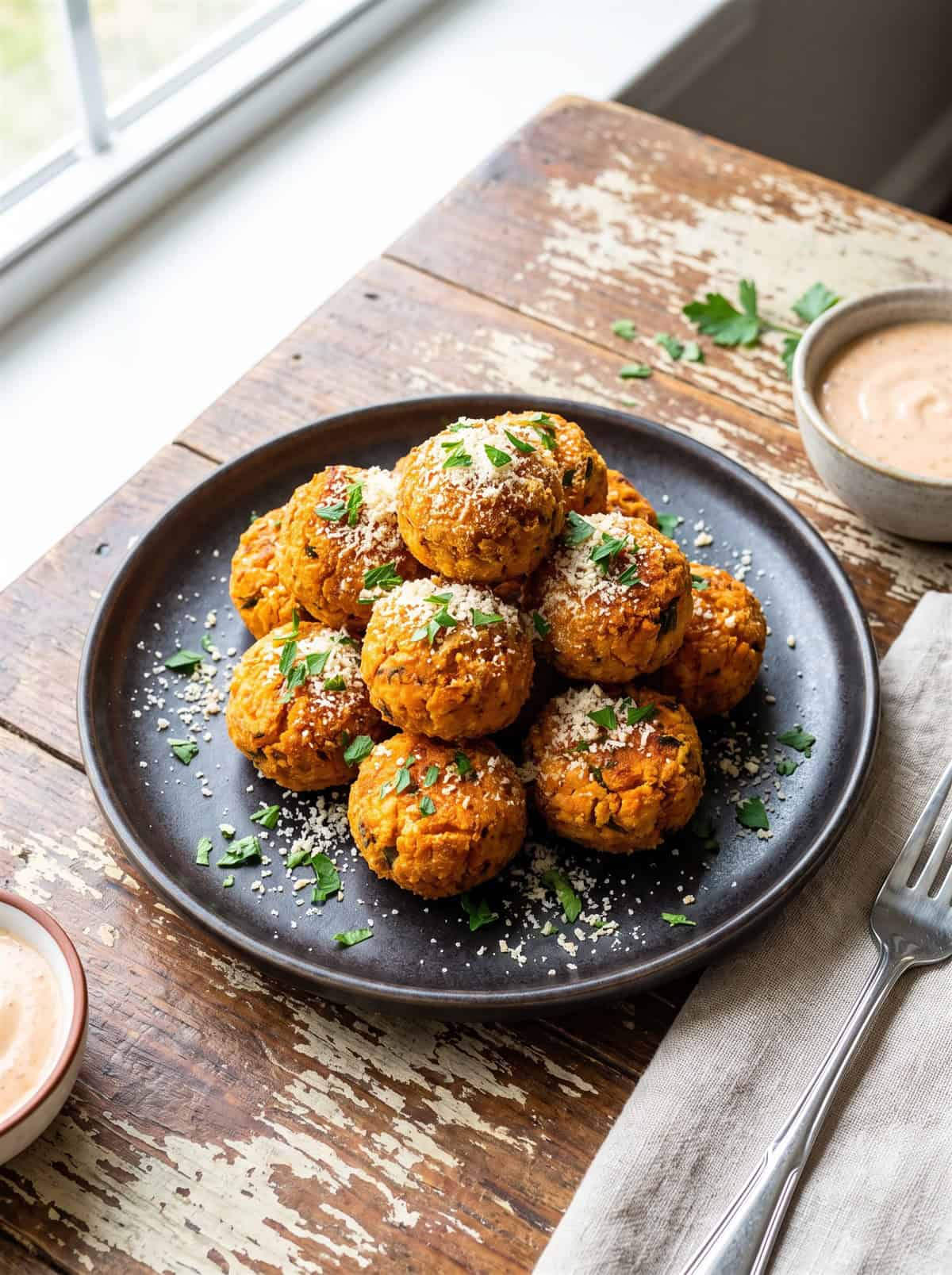 Crispy baked sweet potato tots stacked on a dark plate with fresh parsley.