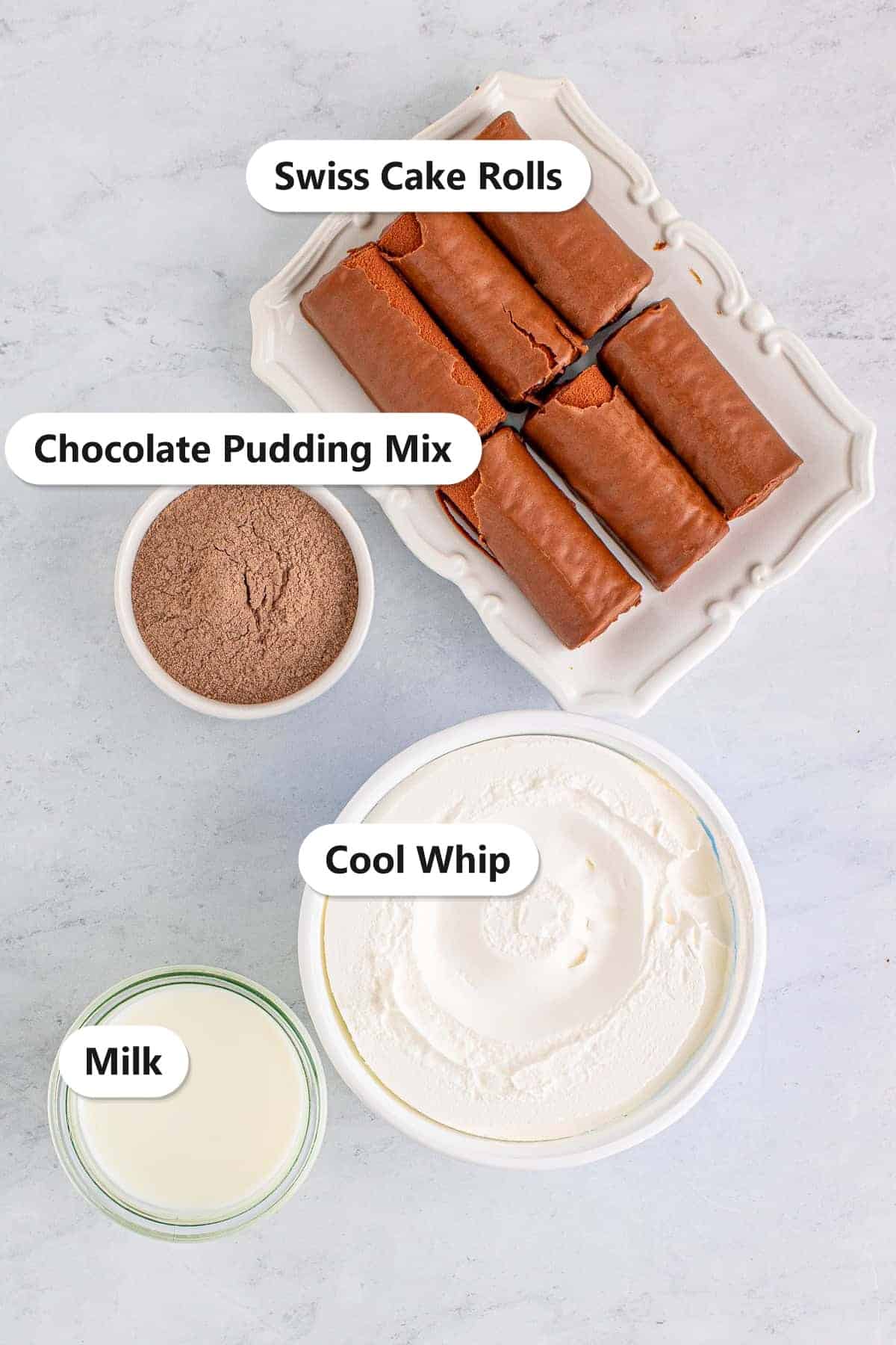 Labeled ingredients for Swiss roll cake including swiss cake rolls, chocolate pudding mix, cool whip, and milk.