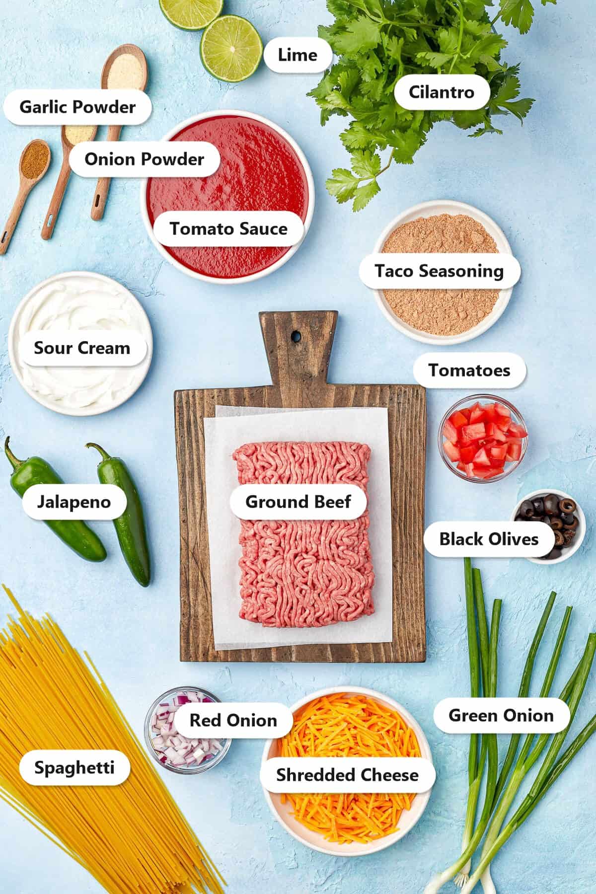 Ingredients to make taco pasta labeled on a blue surface: ground beef, taco seasoning, onion powder, garlic powder, tomato sauce, sour cream, spaghetti, plus toppings like cheese, tomatoes, olives, cilantro, lime, jalapeno, red onion, and green onion.