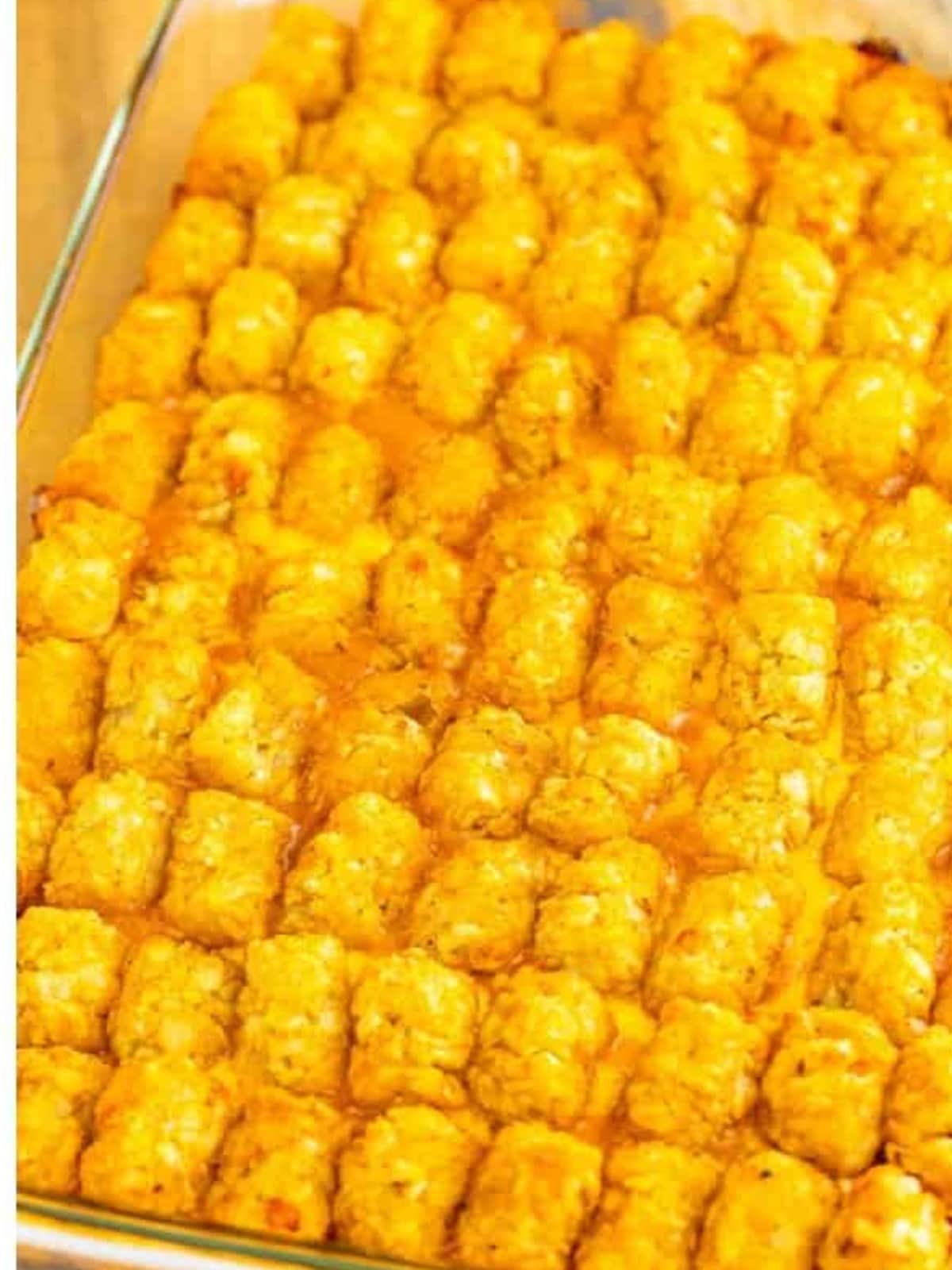 Baked cheeseburger tater tot casserole golden and bubbly.