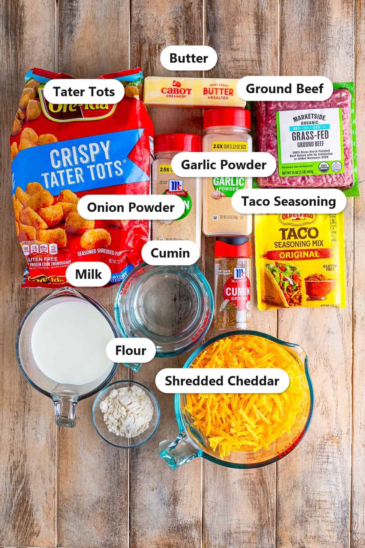 Labeled ingredients needed to make Tater Tot Nachos.
