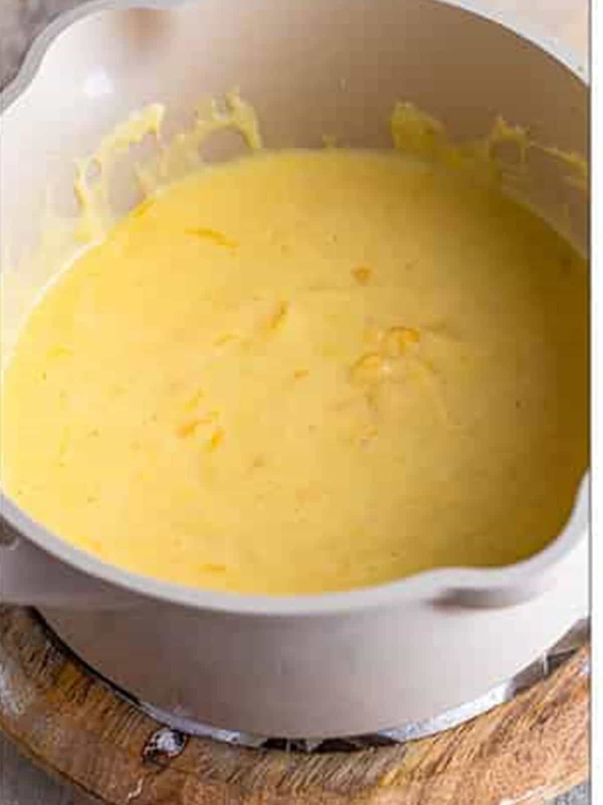 Homemade cheddar cheese sauce for Tater Tot Nachos.