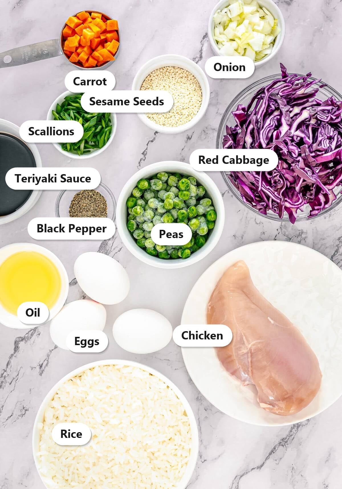 Labeled ingredients for teriyaki chicken fried rice including chicken, teriyaki sauce, rice, eggs, peas, red cabbage, carrot, onion, scallions, sesame seeds, and oil.