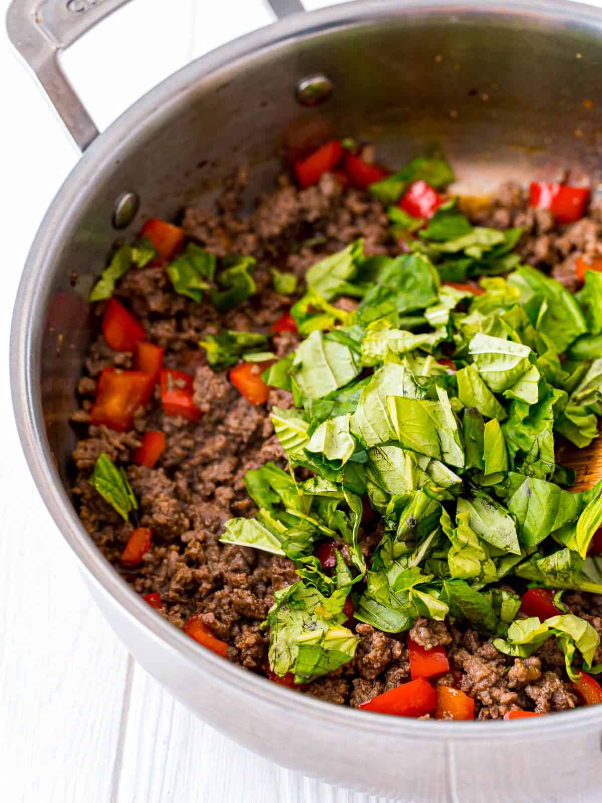 Fresh basil stirred into the Thai beef.