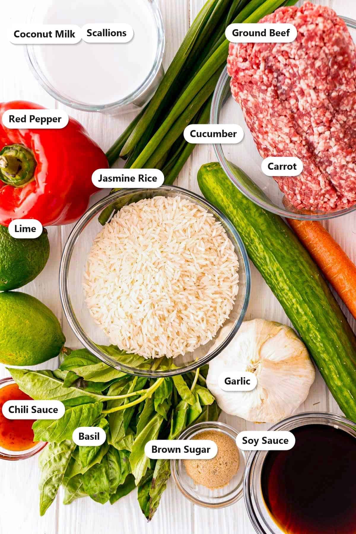 Labeled ingredients for Thai beef including ground beef, coconut milk, jasmine rice, red pepper, soy sauce, lime, basil, garlic, and Thai chili sauce.