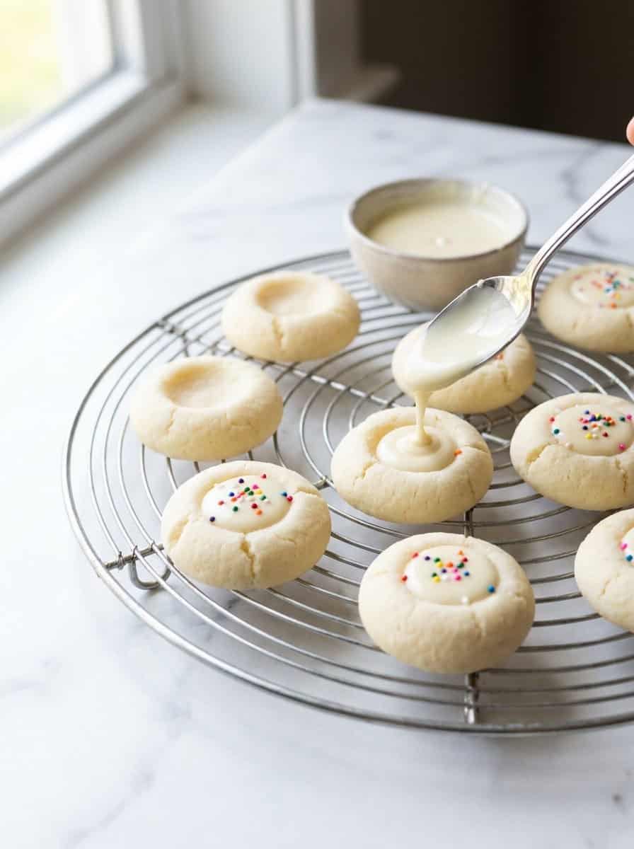 White cream cheese Thumbprint Cookies on a cooling rack being filled with white chocolate ganache and sprinkles.