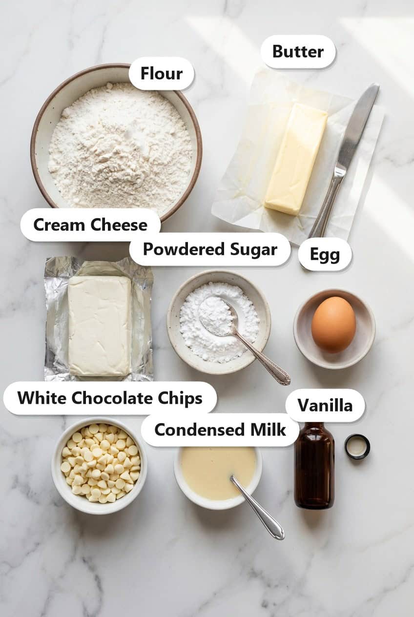 Flour, butter, cream cheese, powdered sugar, egg, white chocolate chips, condensed milk, and vanilla labeled for Thumbprint Cookies.