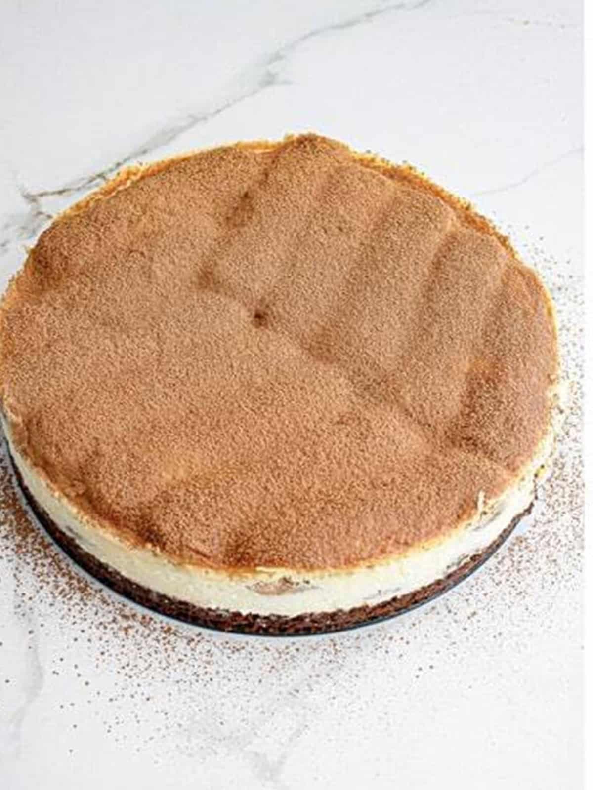 Baked tiramisu cheesecake dusted with cocoa powder.