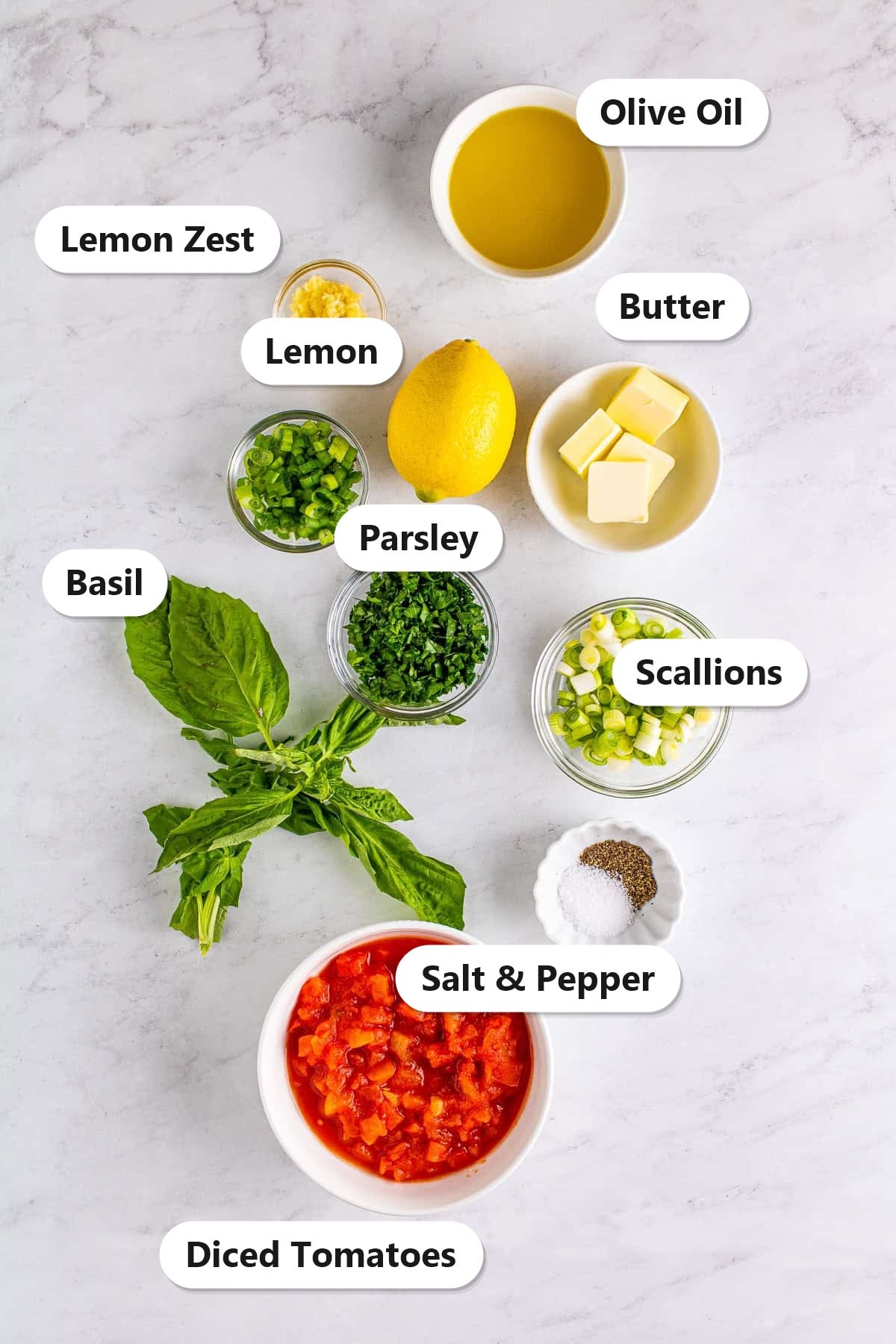 Labeled ingredients for tomato basil sauce including diced tomatoes, fresh basil, scallions, parsley, butter, olive oil, lemon, and salt and pepper.