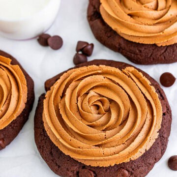 A triple chocolate cookie topped with a swirled chocolate fudge frosting rosette.