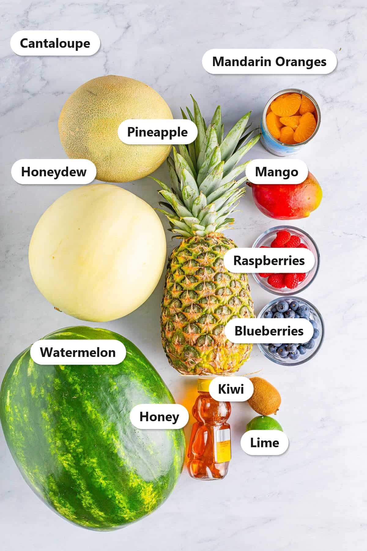 Labeled ingredients for tropical fruit salad including cantaloupe, honeydew, watermelon, pineapple, mango, mandarin oranges, raspberries, blueberries, kiwi, honey, and lime.