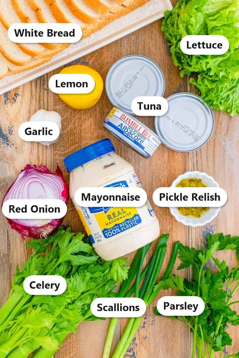 Labeled ingredients for tuna salad sandwiches including canned tuna, mayonnaise, celery, red onion, pickle relish, and herbs.