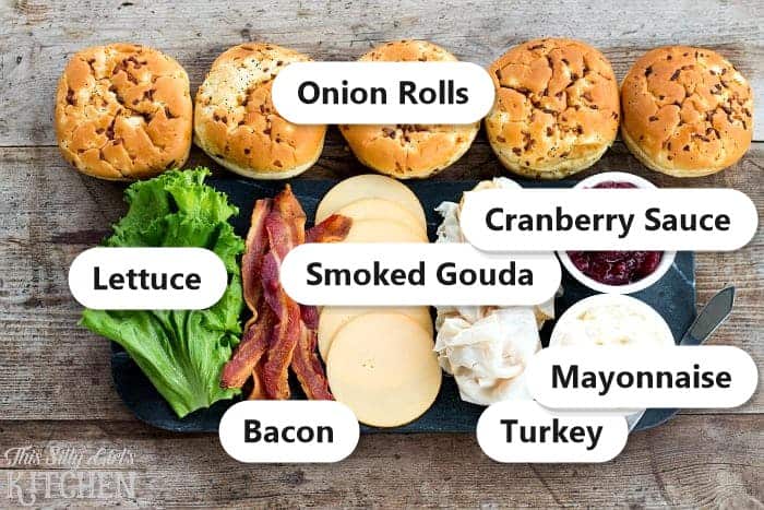 Labeled ingredients for a turkey cranberry sandwich including onion rolls, lettuce, bacon, smoked gouda, deli turkey, cranberry sauce, and mayonnaise.