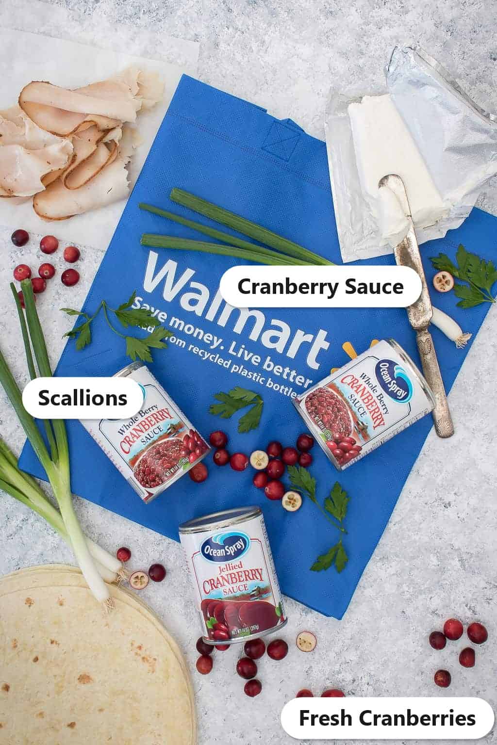 Cranberry sauce, scallions, and fresh cranberries for the turkey pinwheels recipe.