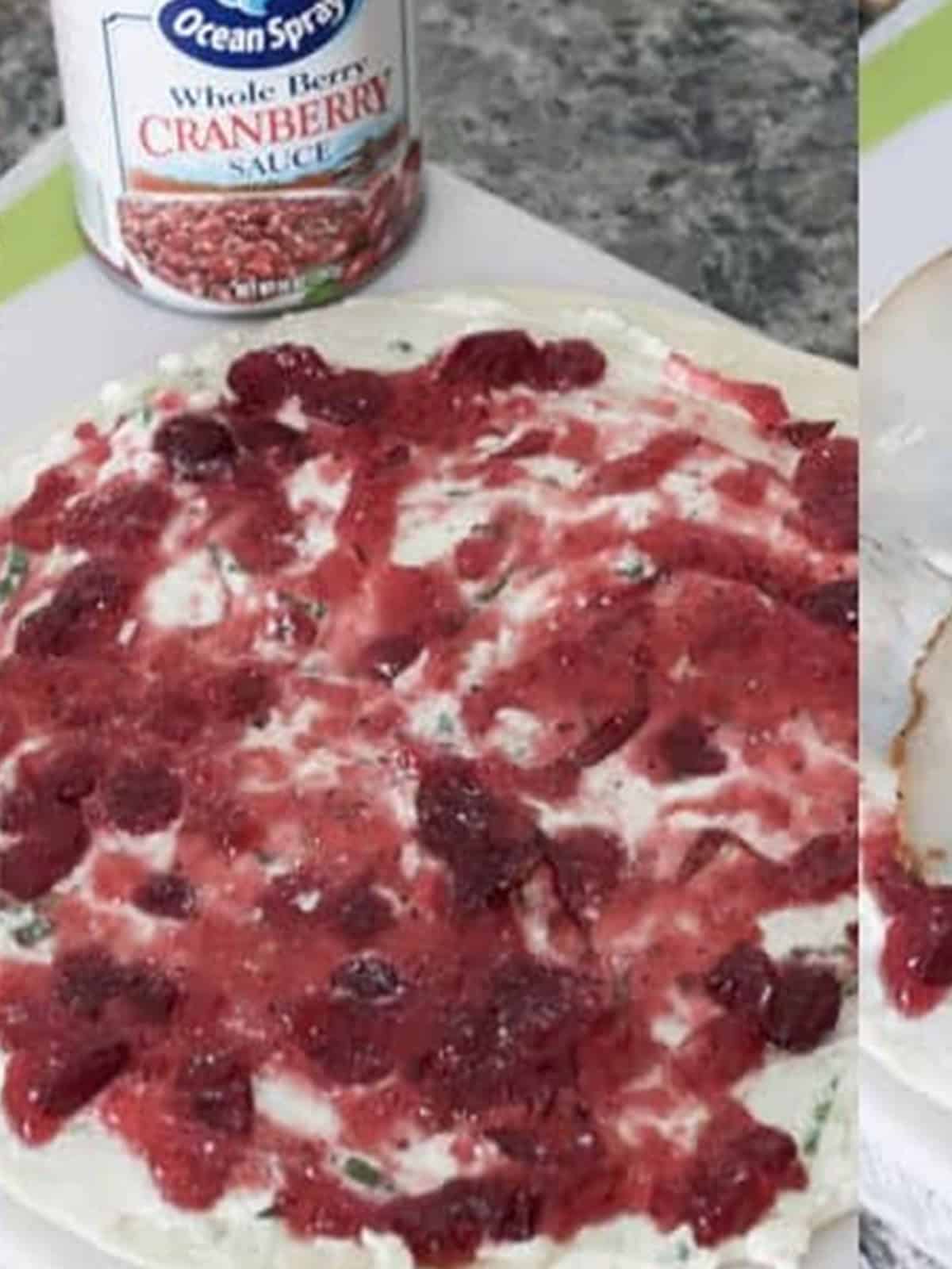 Whole cranberry sauce and deli turkey layered over the cream cheese on the tortillas.